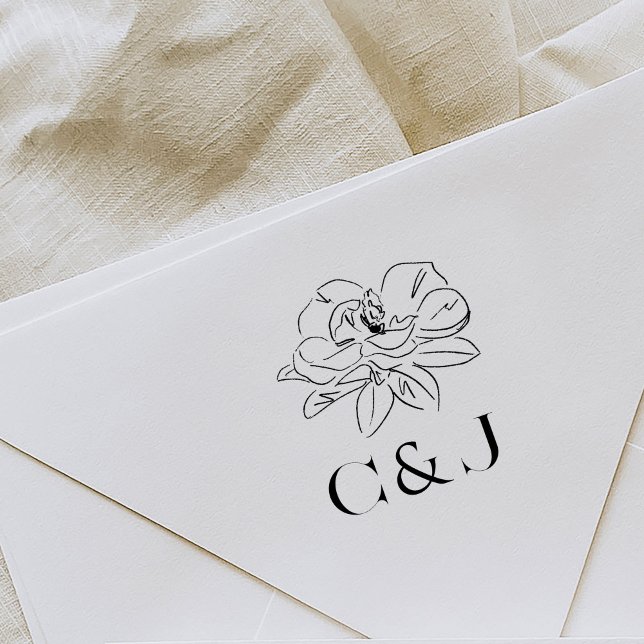 White Magnolia Illustration Custom Initials Rubber Stamp (Beautiful Southern-inspired magnolia illustration wedding monogram rubber stamp.)