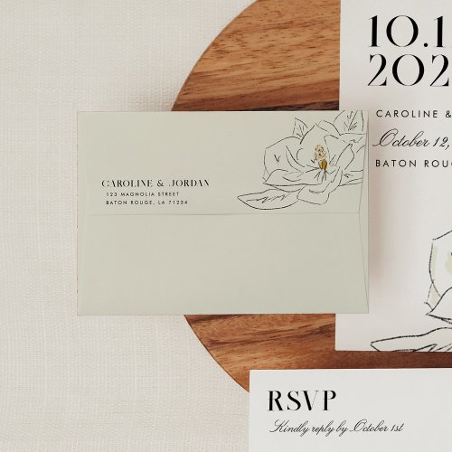 White Magnolia Illustration Modern Minimal Wedding Envelope
