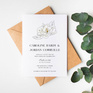White Magnolia Illustration Modern Minimal Wedding Invitation