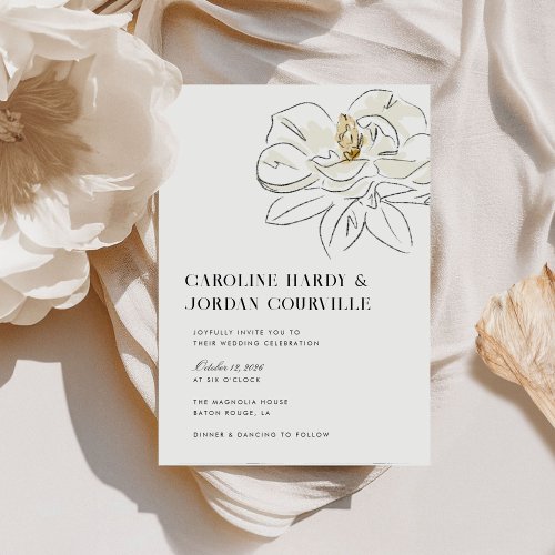 White Magnolia Illustration Modern Minimal Wedding Invitation