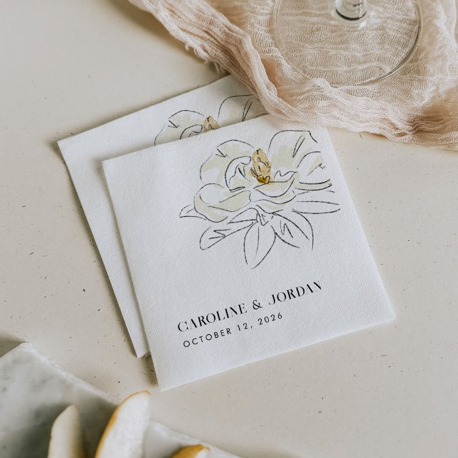 White Magnolia Illustration Modern Minimal Wedding Napkins (Elegant Southern-inspired white magnolia illustration wedding paper napkins.)