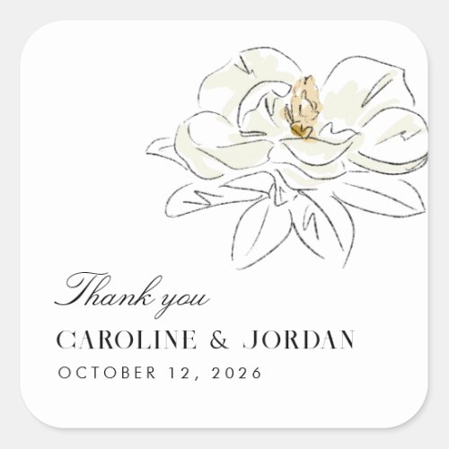 White Magnolia Illustration Modern Minimal Wedding Square Sticker