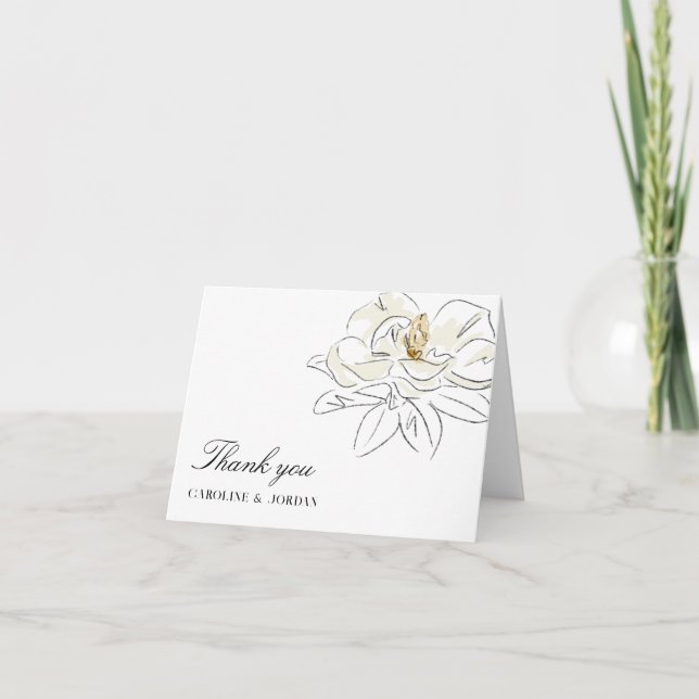 White Magnolia Illustration Modern Minimal Wedding Thank You Card (Front)