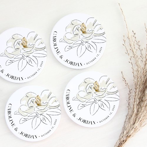 White Magnolia Illustration Wedding Custom Name Coaster