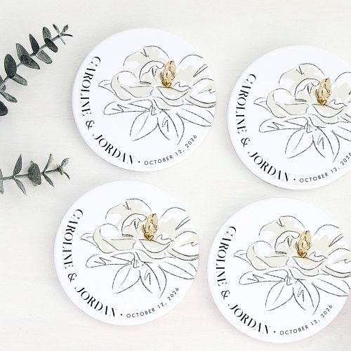 White Magnolia Illustration Wedding Custom Name Round Paper Coaster