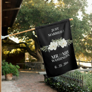 White Magnolia Just Married Date Wedding House Flag