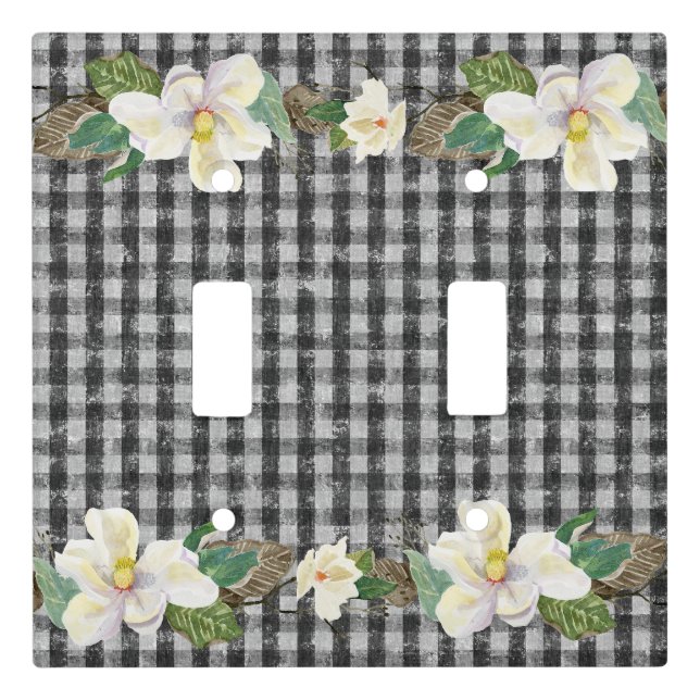 White Magnolia Leaves Rustic Farmhouse Black Check Light Switch Cover (Front)