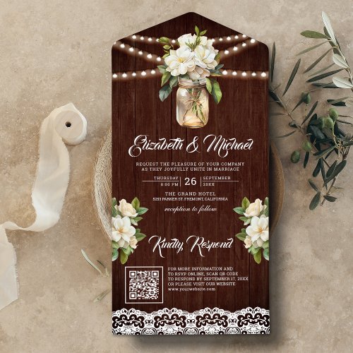 White Magnolia Mason Jar Barn Wood QR Code Wedding All In One Invitation