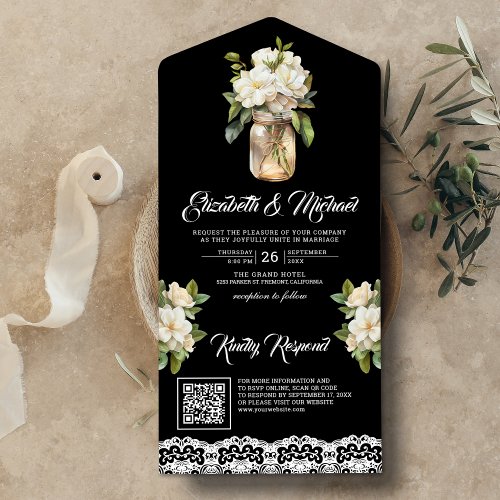 White Magnolia Mason Jar Black QR Code Wedding All In One Invitation