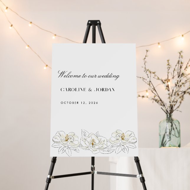 White Magnolia Modern Minimal Wedding Welcome Sign (In Situ (Stand))