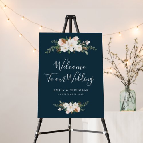 white magnolia navy blue welcome wedding sign