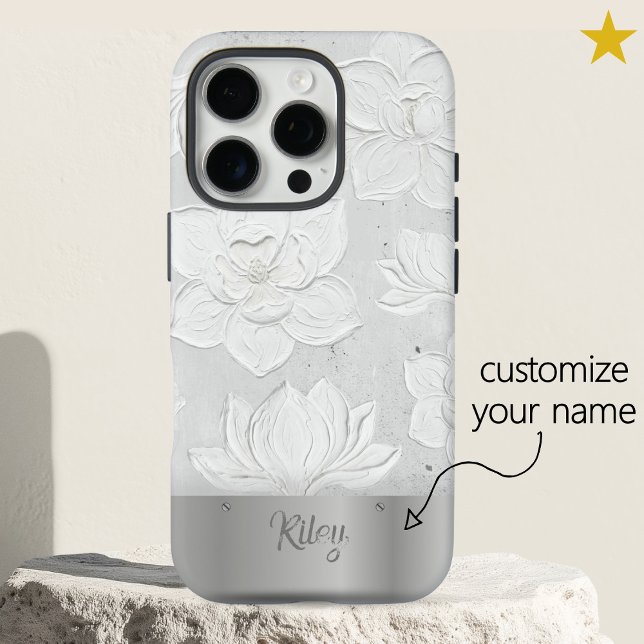 White Magnolia Painting Silver Metal Custom Name Case-Mate iPhone Case (Creator Uploaded)