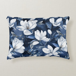 White Magnolia Pattern on midnight background, Accent Pillow