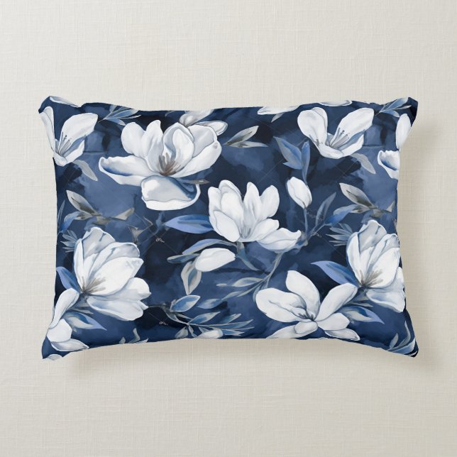White Magnolia Pattern on midnight background, Accent Pillow (Front)