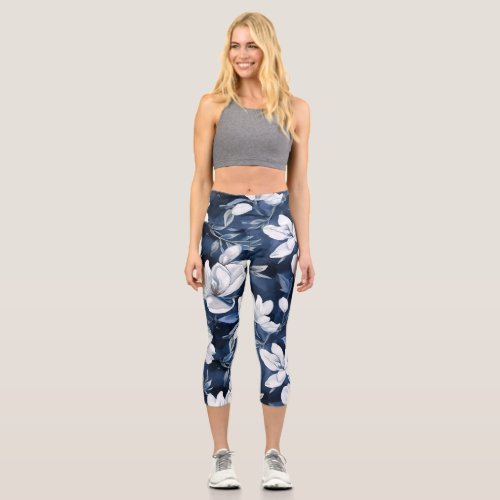 White Magnolia Pattern on midnight background Capri Leggings