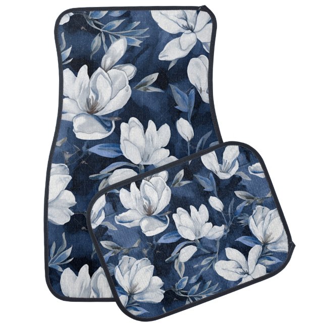 White Magnolia Pattern on midnight background, Car Floor Mat (Set)