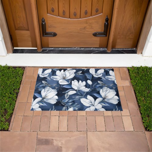 White Magnolia Pattern on midnight background Doormat