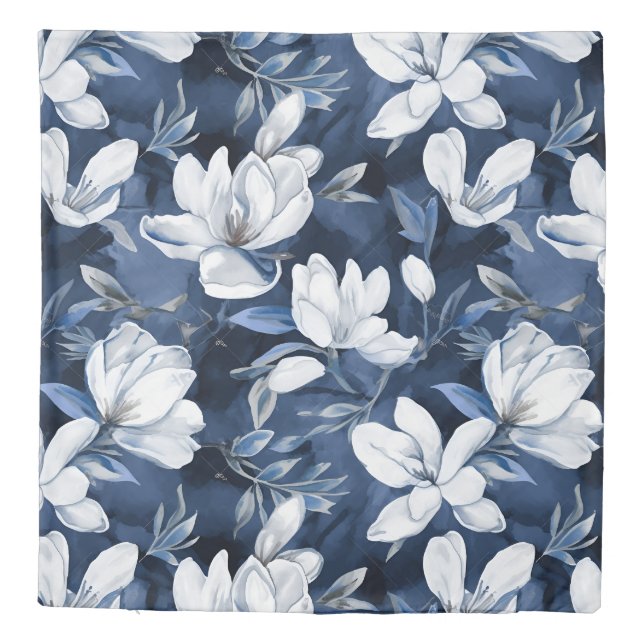 White Magnolia Pattern on midnight background, Duvet Cover (Back)
