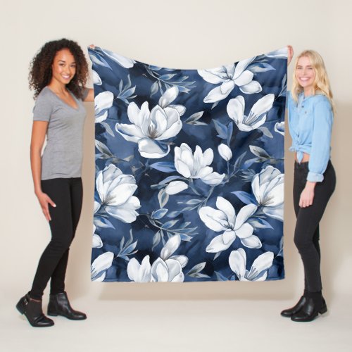 White Magnolia Pattern on midnight background Fleece Blanket