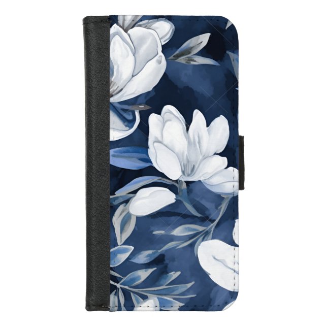 White Magnolia Pattern on midnight background, iPhone Wallet Case (Front)