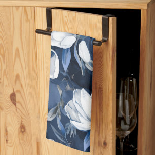 White Magnolia Pattern on midnight background, Kitchen Towel