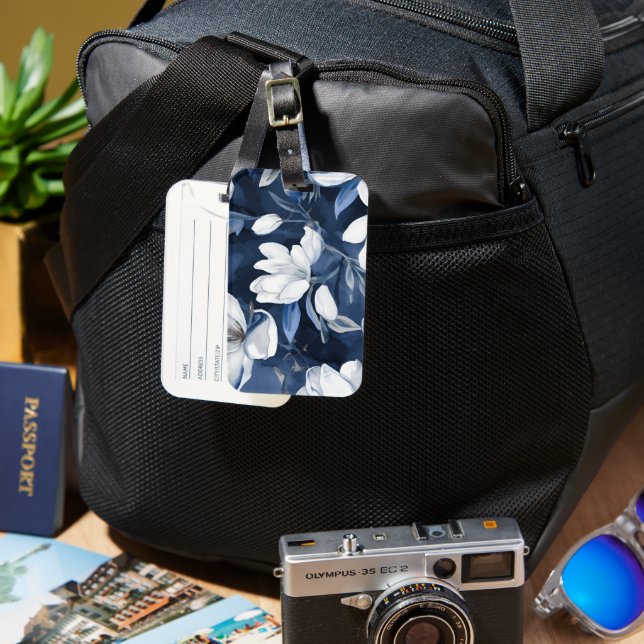 White Magnolia Pattern on midnight background, Luggage Tag (Front & Back)