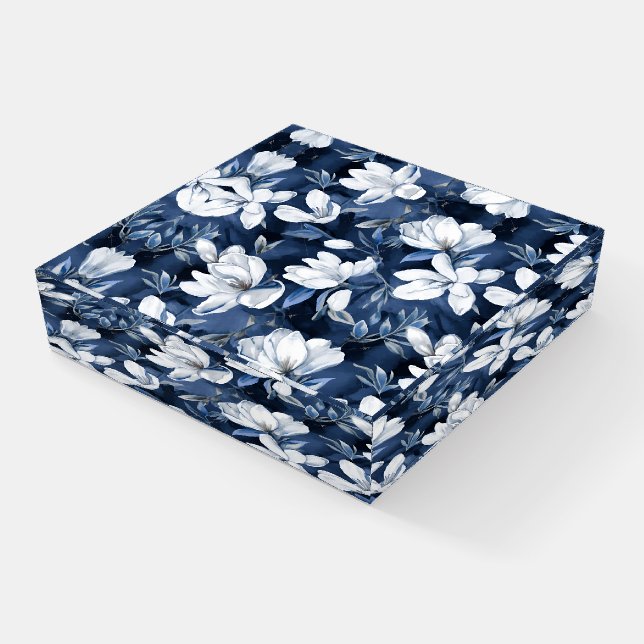 White Magnolia Pattern on midnight background, Paperweight (Angled)