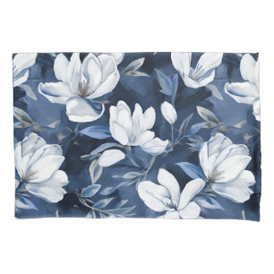 White Magnolia Pattern on midnight background, Pillow Case