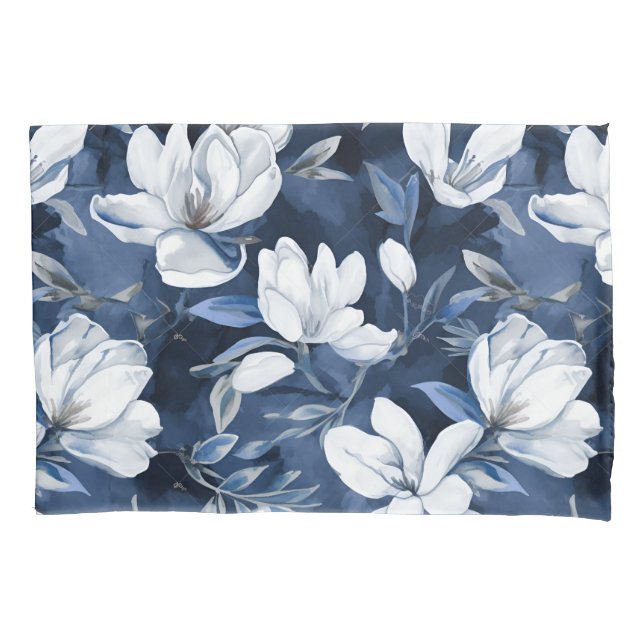 White Magnolia Pattern on midnight background, Pillow Case (Front)
