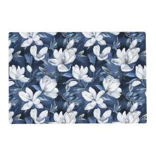 White Magnolia Pattern on midnight background, Placemat