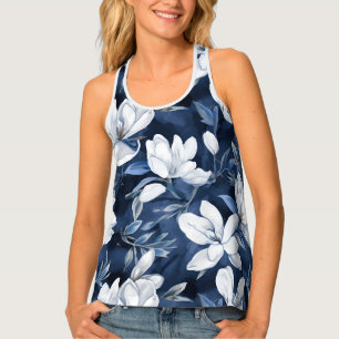 White Magnolia Pattern on midnight background, Tank Top
