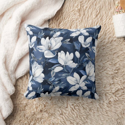 White Magnolia Pattern on midnight background Throw Pillow