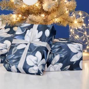 White Magnolia Pattern on midnight background, Wrapping Paper