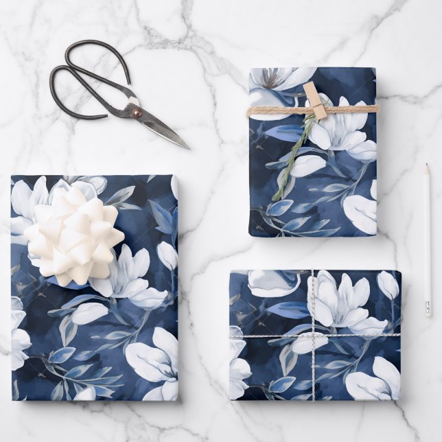 White Magnolia Pattern on midnight background, Wrapping Paper Sheets (Front)