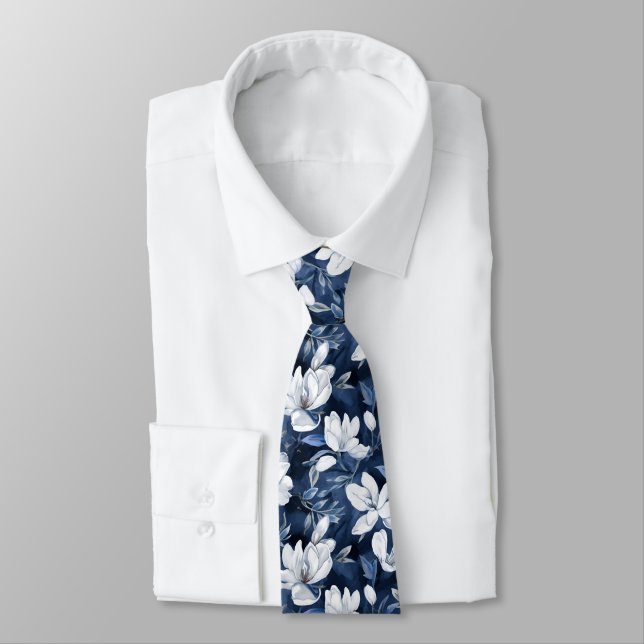 White Magnolia Pattern on midnight chiffon Neck Tie (Tied)
