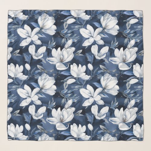 White Magnolia Pattern on midnight chiffon Scarf