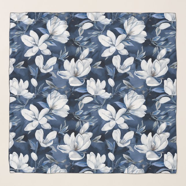 White Magnolia Pattern on midnight chiffon Scarf (Front)