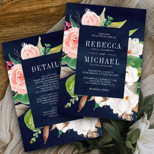 White Magnolia Pink Floral All in One Navy Wedding Invitation