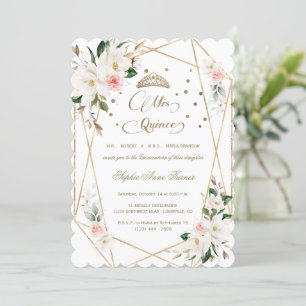 White Magnolia Pink Floral Gold Quinceañera Invitation
