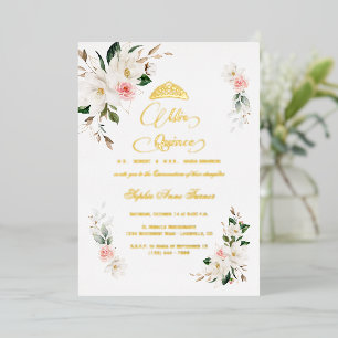 White Magnolia Pink Floral REAL FOIL Quinceañera Foil Invitation