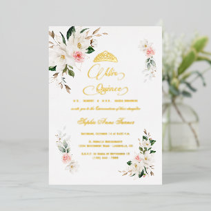 White Magnolia Pink Floral REAL FOIL Quinceañera  Invitation