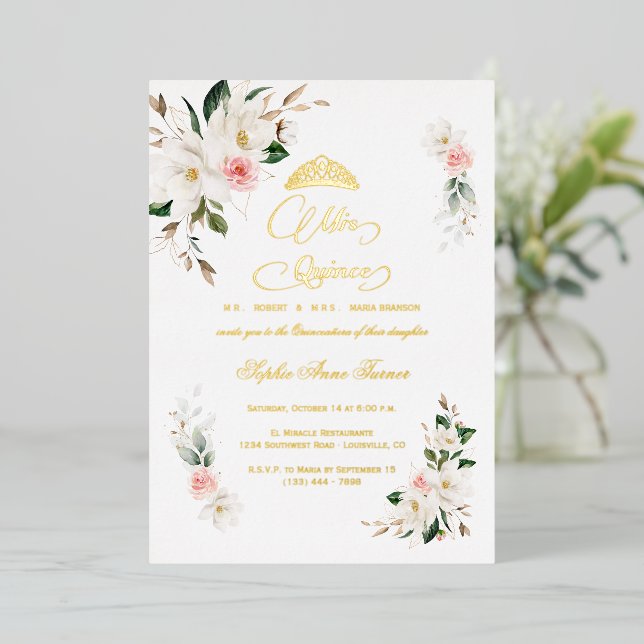 White Magnolia Pink Floral REAL FOIL Quinceañera  Invitation (Standing Front)