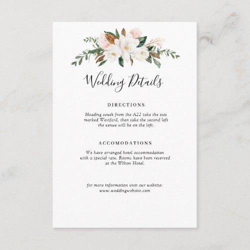 white magnolia  pink floral wedding details card
