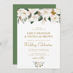 white magnolia & pink floral wedding invitation