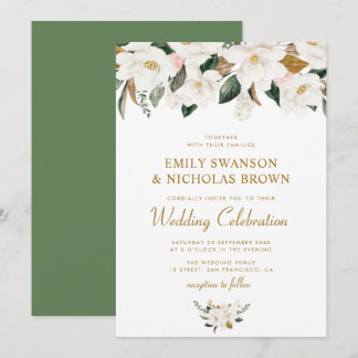 white magnolia & pink floral wedding invitation