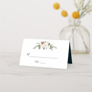 White magnolia pink floral wedding place card