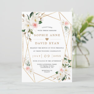 White Magnolia Pink Flowers All In One Wedding Invitation