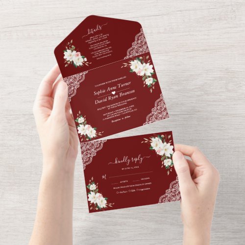 White Magnolia Pink Flowers Burgundy Wedding  All In One Invitation