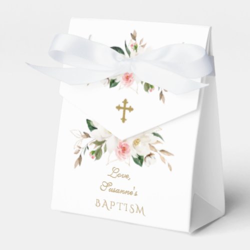 White Magnolia Pink Flowers Gold Cross Baptism Favor Boxes