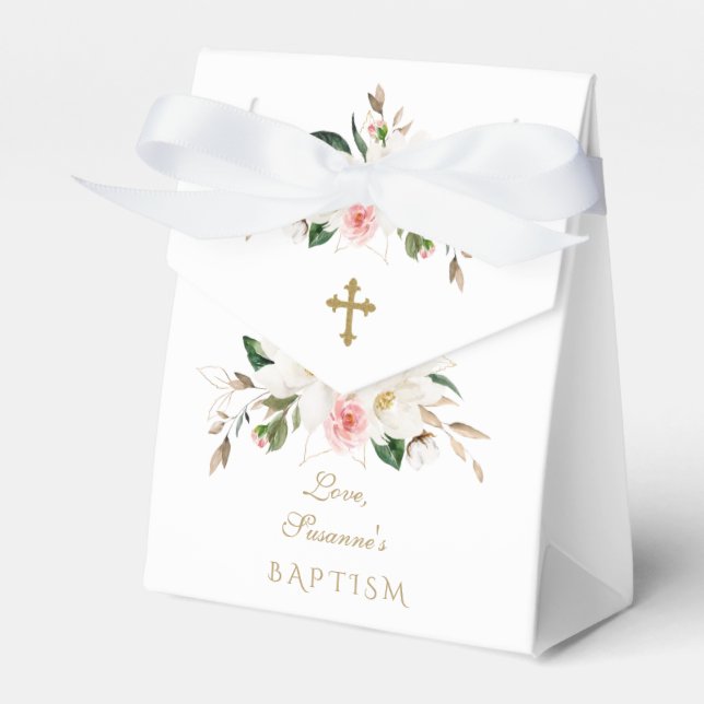 White Magnolia Pink Flowers Gold Cross Baptism Favor Boxes (Front Side)